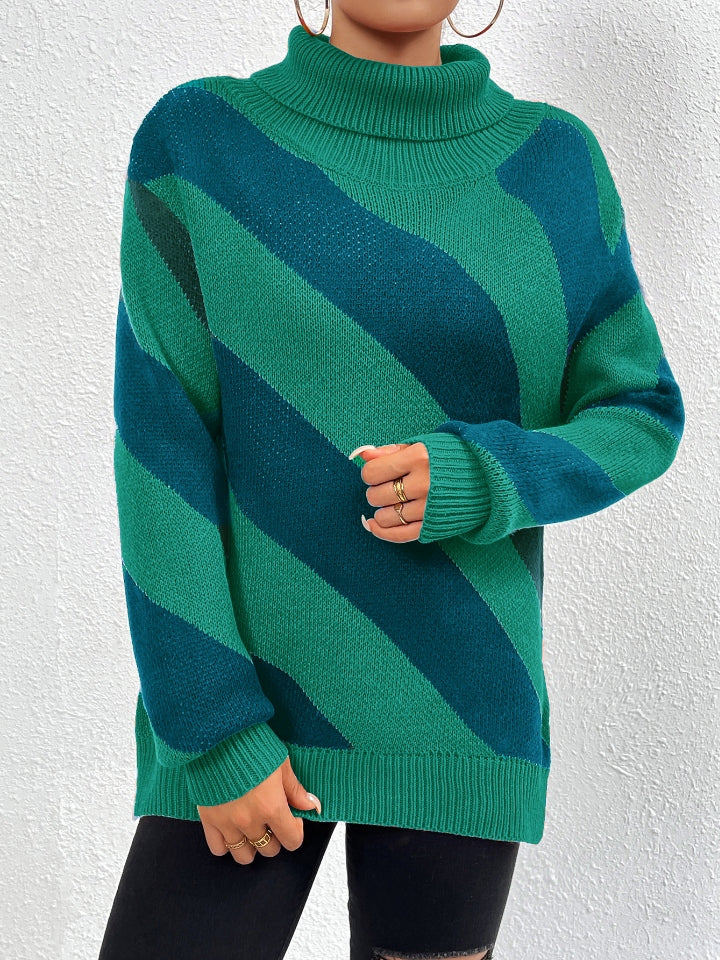Vogue Striped Turtleneck Dropped Shoulder Sweater