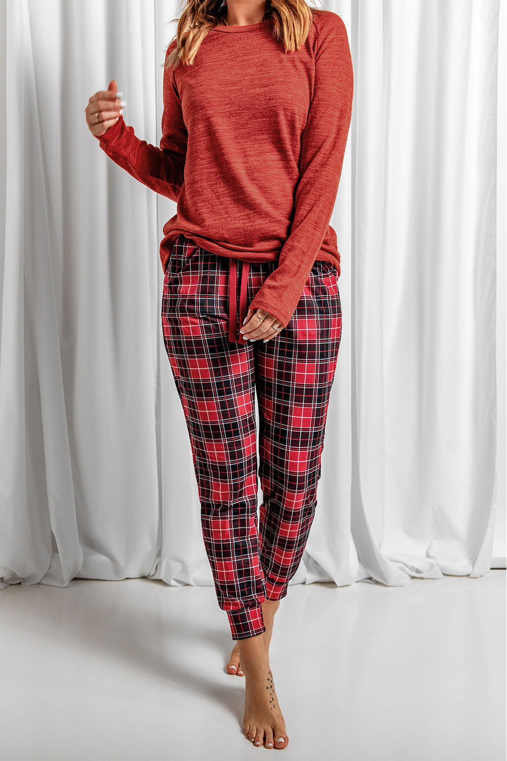 Weekend Vibes Round Neck Top Plaid Pants Lounge Set