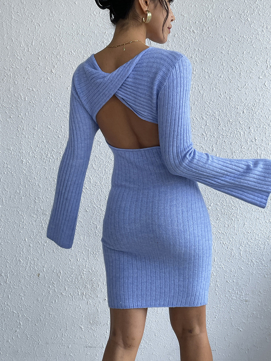 Fancy Backless Round Neck  Sweater Dress with Long Sleeve