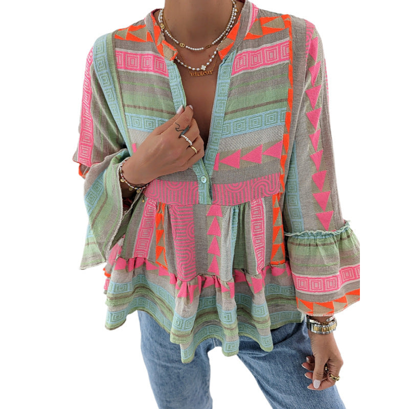 Linen Rose Green  Ruffle  V-Shaped Collar Shirt with Long  Sleeved