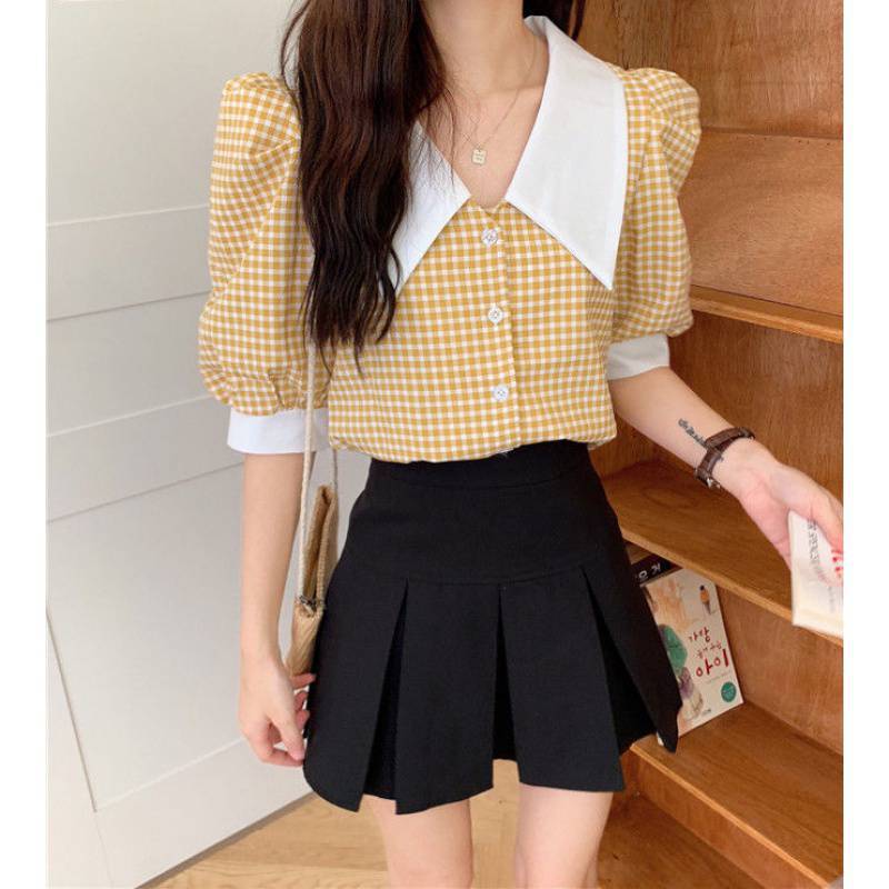 French Flair Puff Sleeve Plaid Shirt