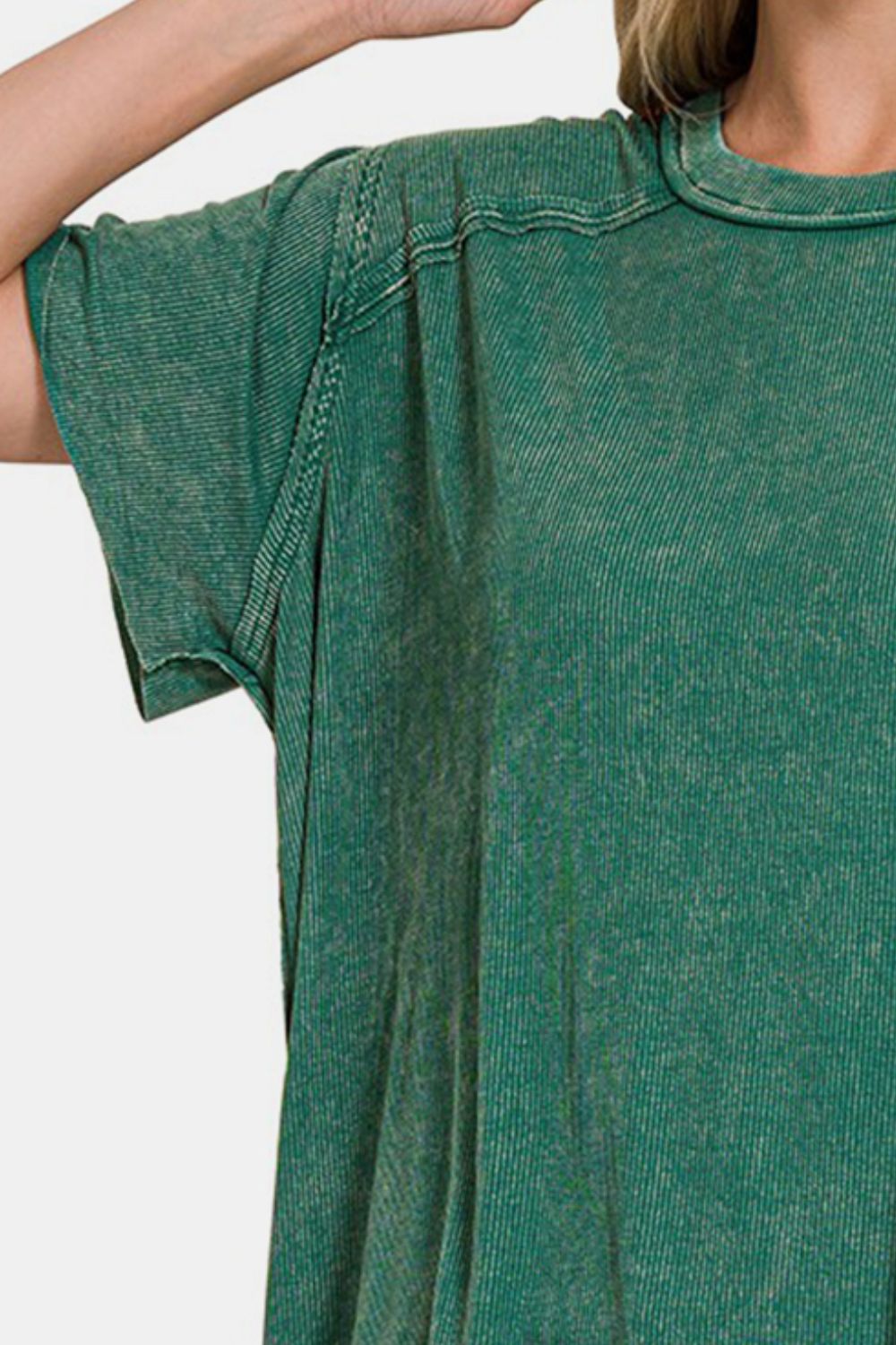 Green Washed Ribbed Top with  Short Sleeve