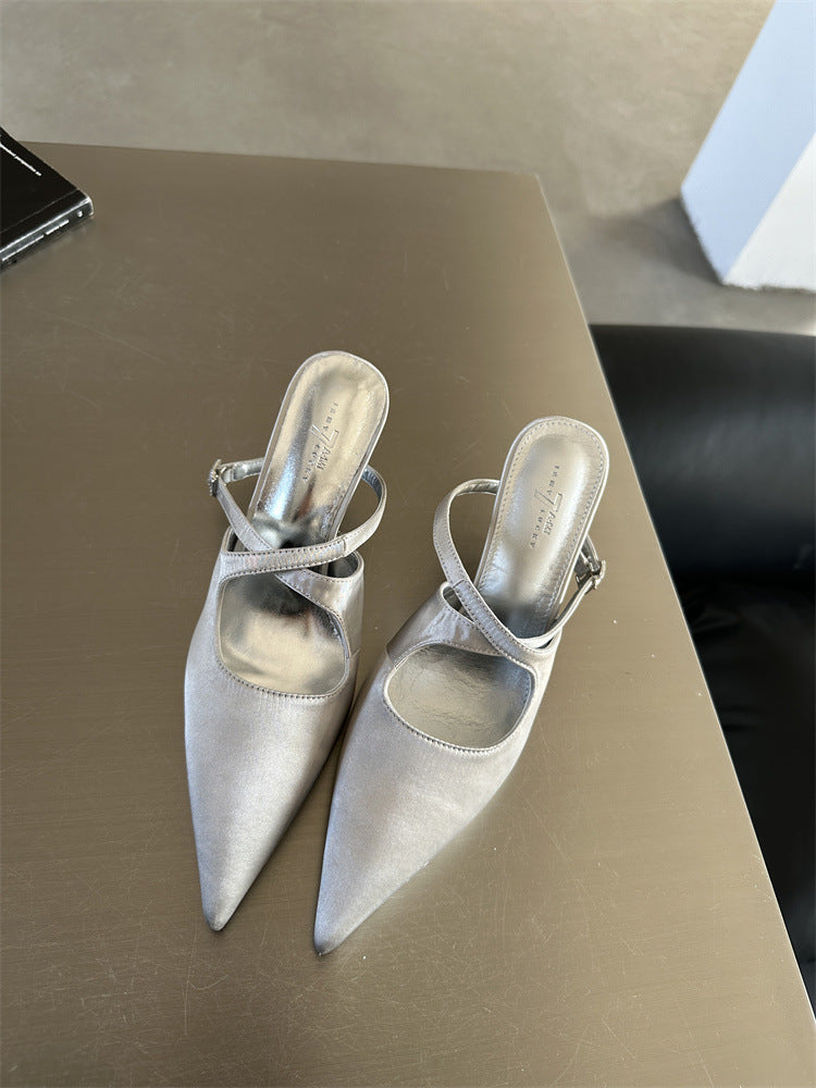 Satin Pointed Toe Adjustable Ankle Cross Strap High Heels