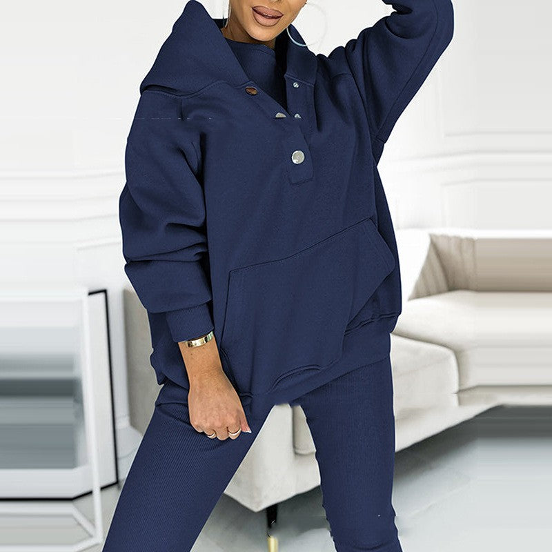 Sporty 3-Piece Suit w/ Loose Hooded Pockets Sweatshirt, Tank Top & Slim Trousers