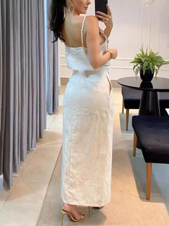 Apricot Vanilla   Linen 2 Pieces Outfits  w/ Top  Three-Dimensional Flower Design & Sling Top Pockets Skirt