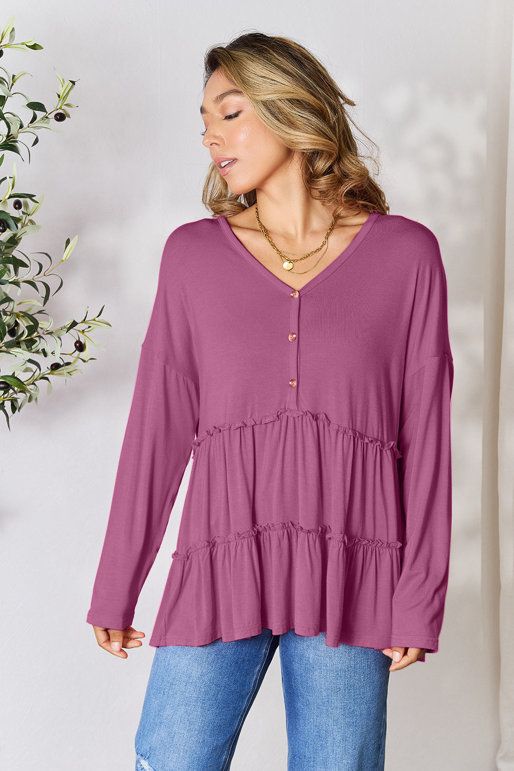 Comfy Ruffle Hem  Double Take Half Button Blouse & Long Sleeve