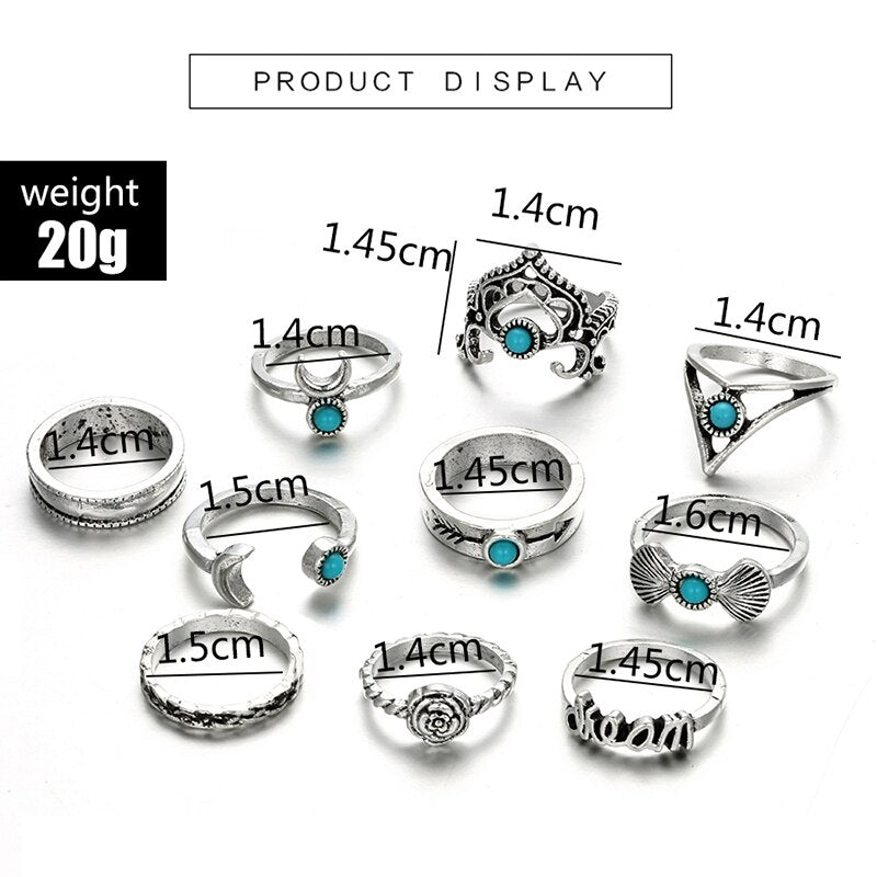 Boho Crescent Turquoise 10 piece Ring Set