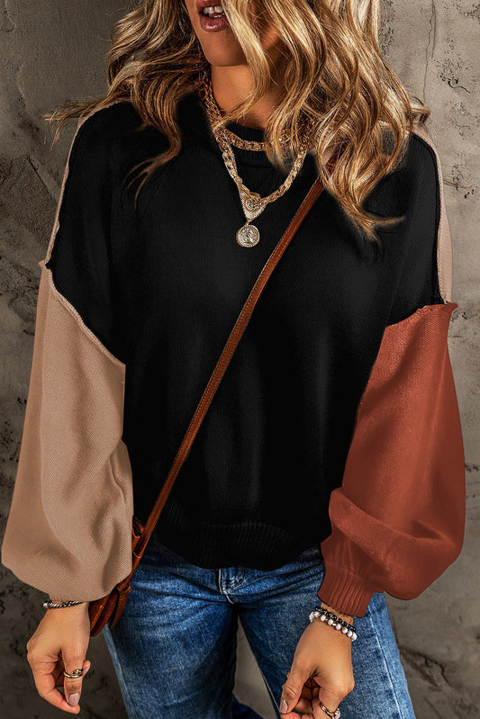 UNIQE Contrast Round Neck Dropped Shoulder Sweater