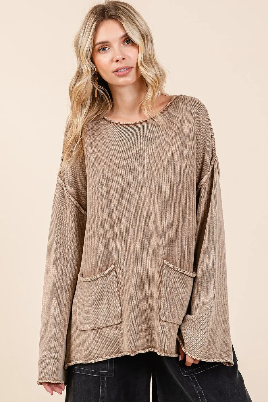 Mineral Wash Patch Pocket Cut Edge Sweater Top