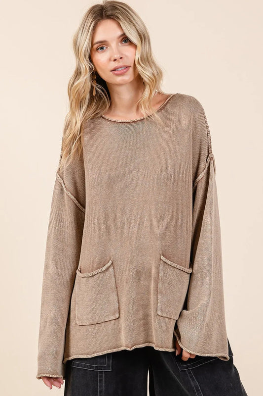 Mineral Wash Patch Pocket Cut Edge Sweater Top