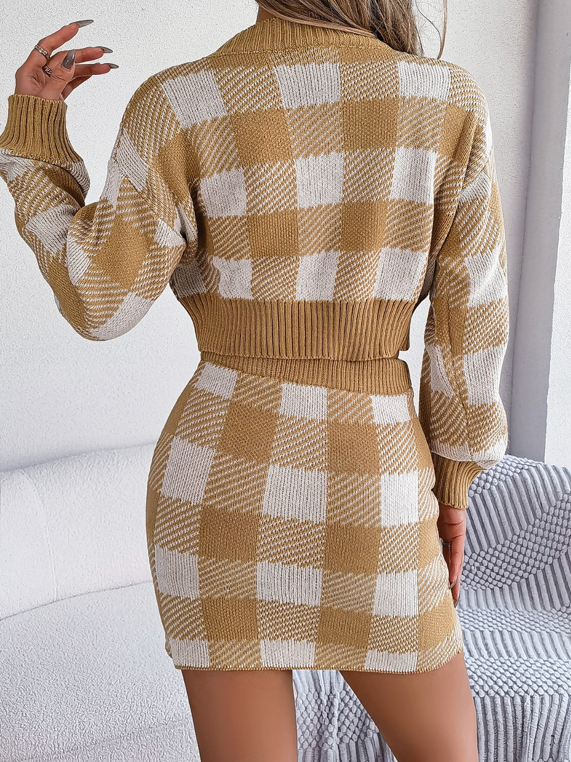 Trendy Tartan Plaid Round Neck Top & Skirt Sweater Set