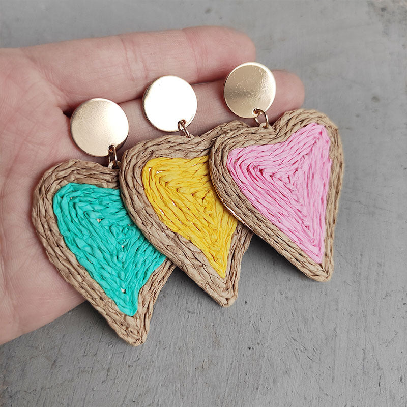 Raffia Grass Heart Shaped Teardrop Earrings.