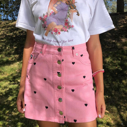 Lovely Looks Heart Print Button-Front Mini Skirt