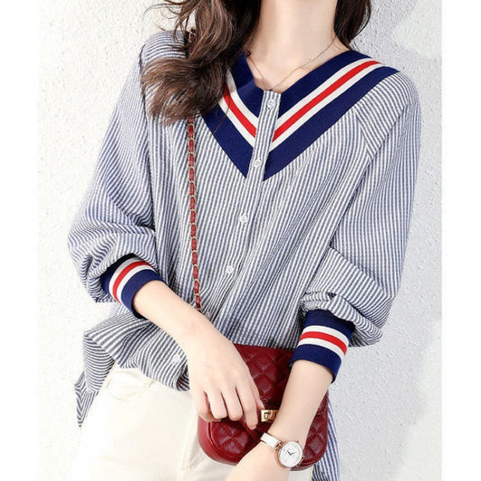 Blue Striped Loose  Slim Fit  Shirt with 3 Color  V-Neck Design