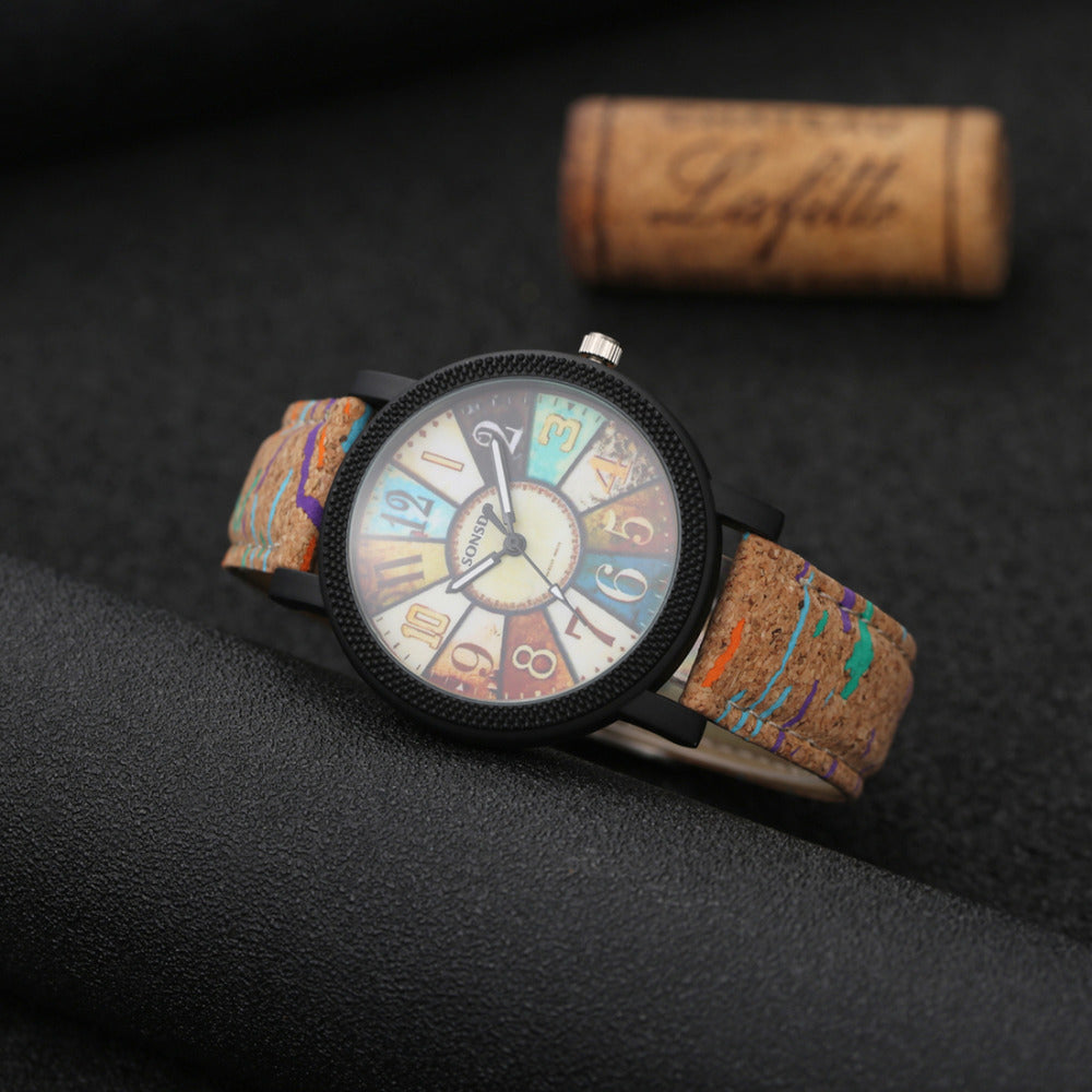 Colorful Vintage Quartz Wrist Watch with Leather Band