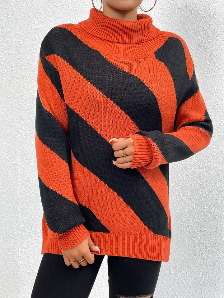 Vogue Striped Turtleneck Dropped Shoulder Sweater