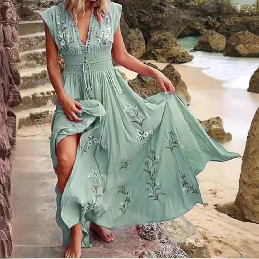 Summer Boho V-neck Fringed Loose Maxi Dress