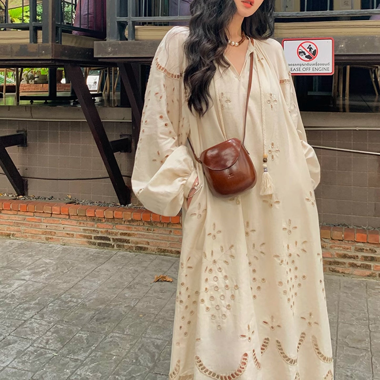 Linen Breeze Embroidered V-neck Maxi Dress