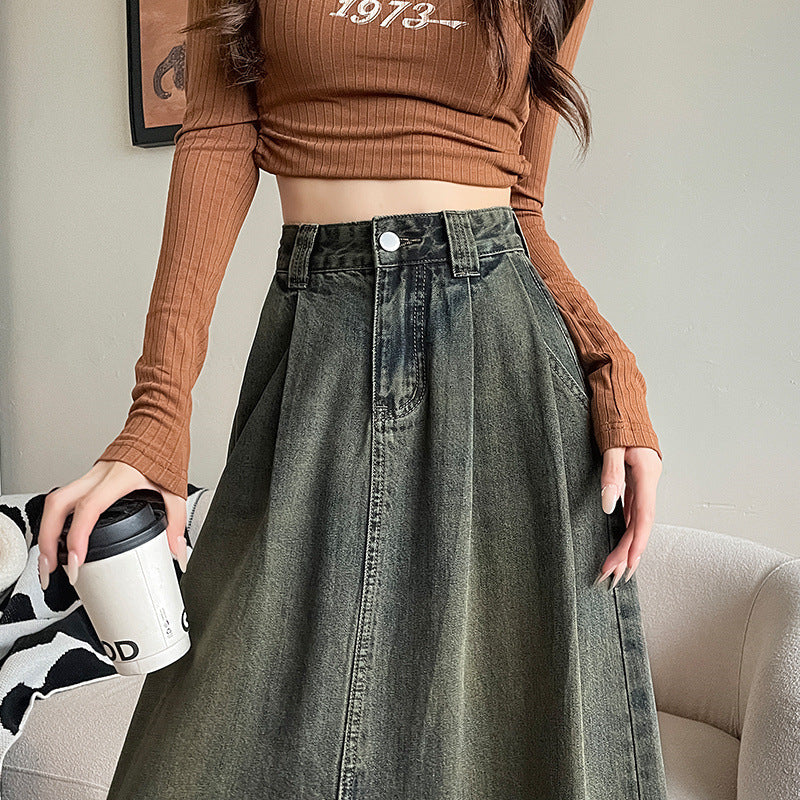 Black Gray Denim High Waist Front Slit Skirt