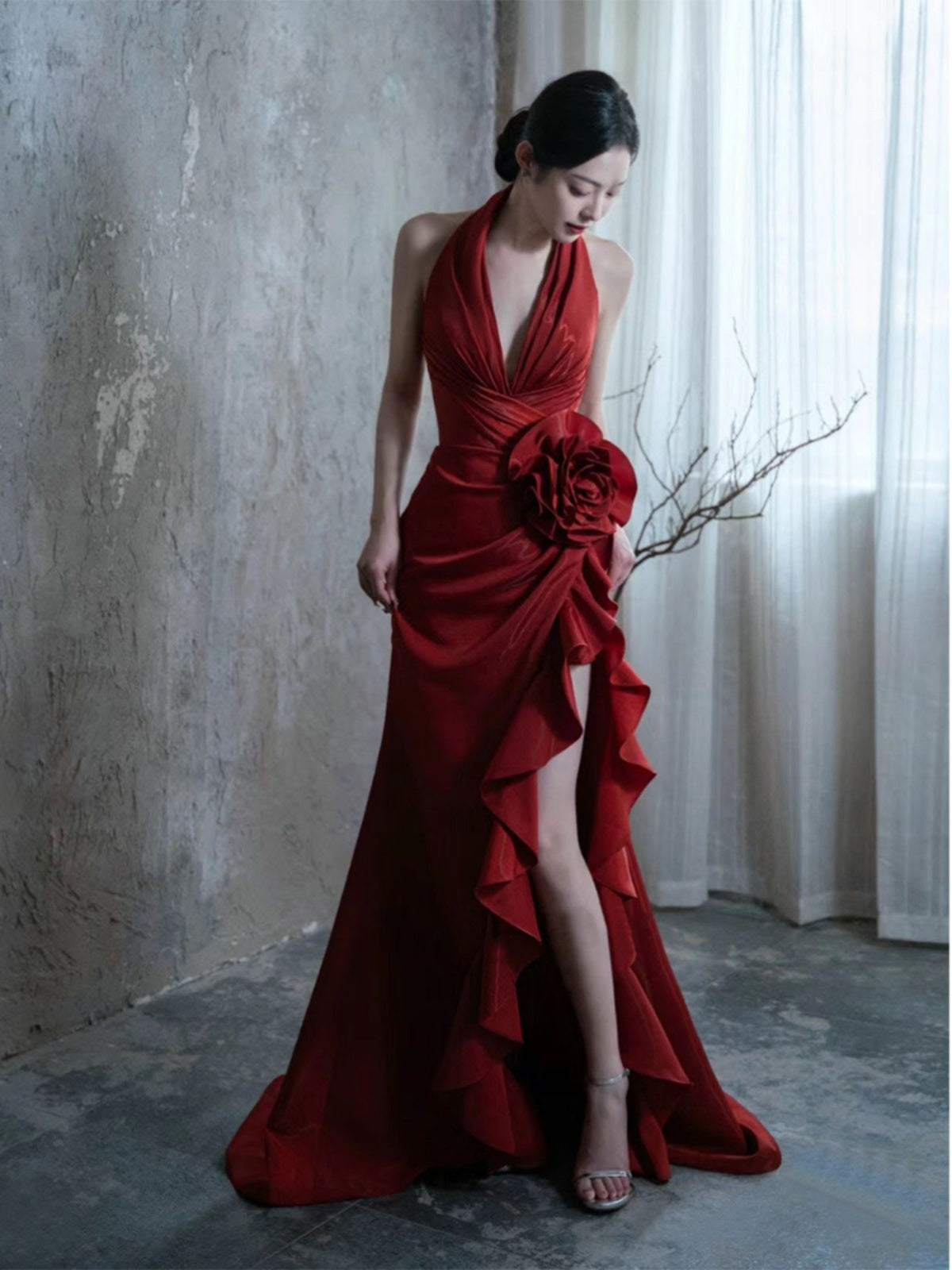 Silk Wine Red Elegant Halter  Dress