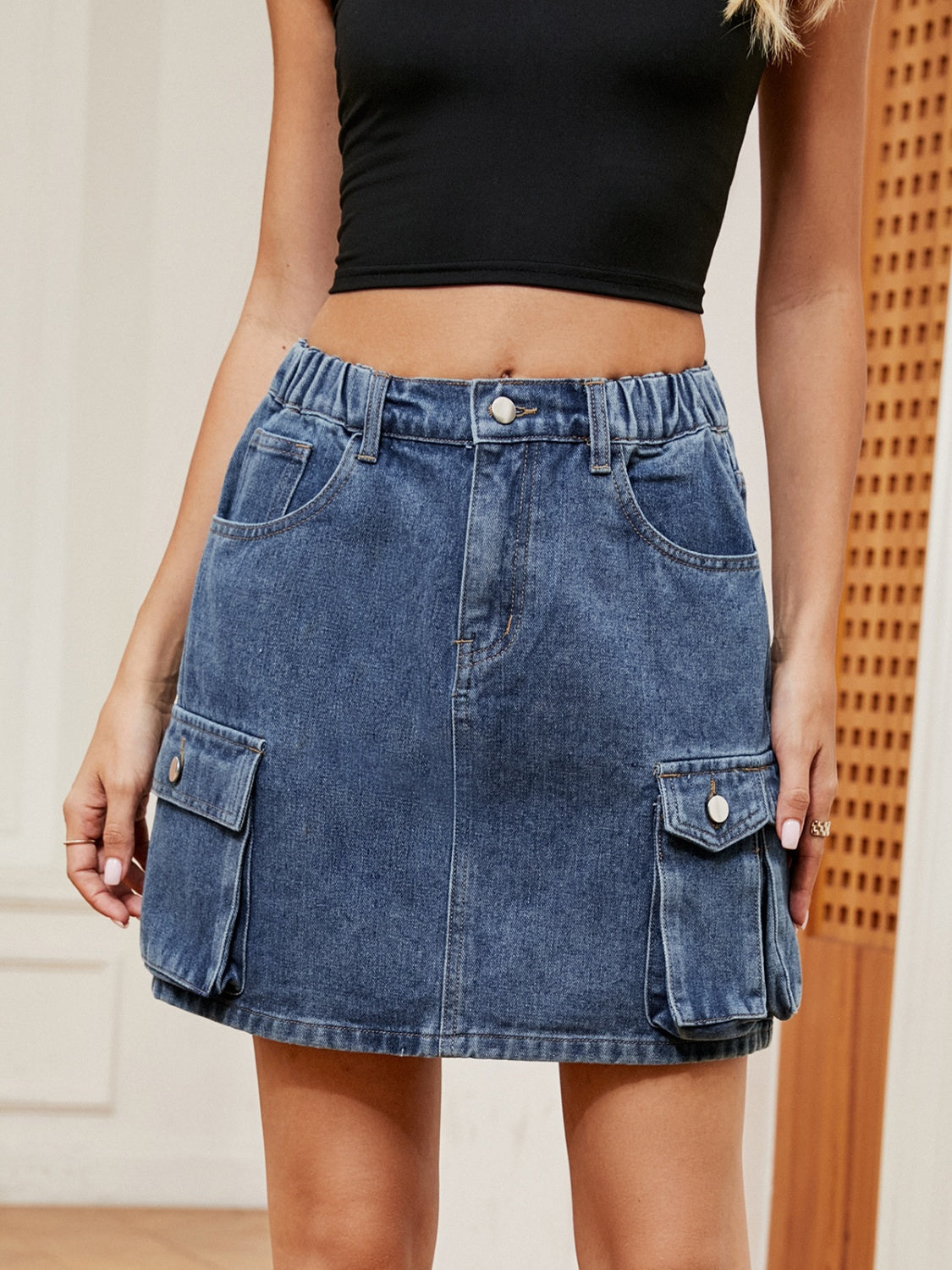 High Waist Pocketed Denim Skirt