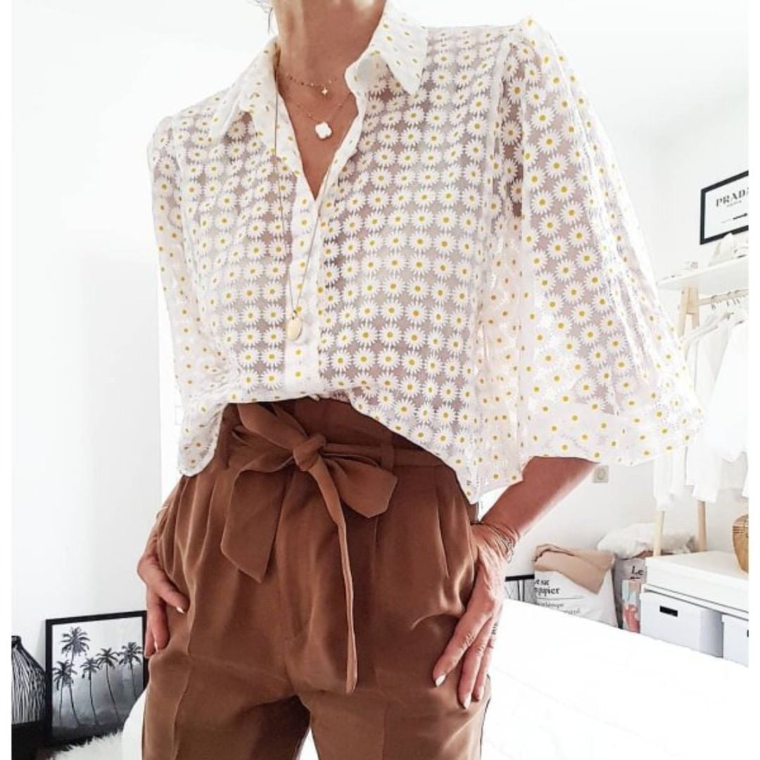 Sheer Floral Print Tulle Shirt
