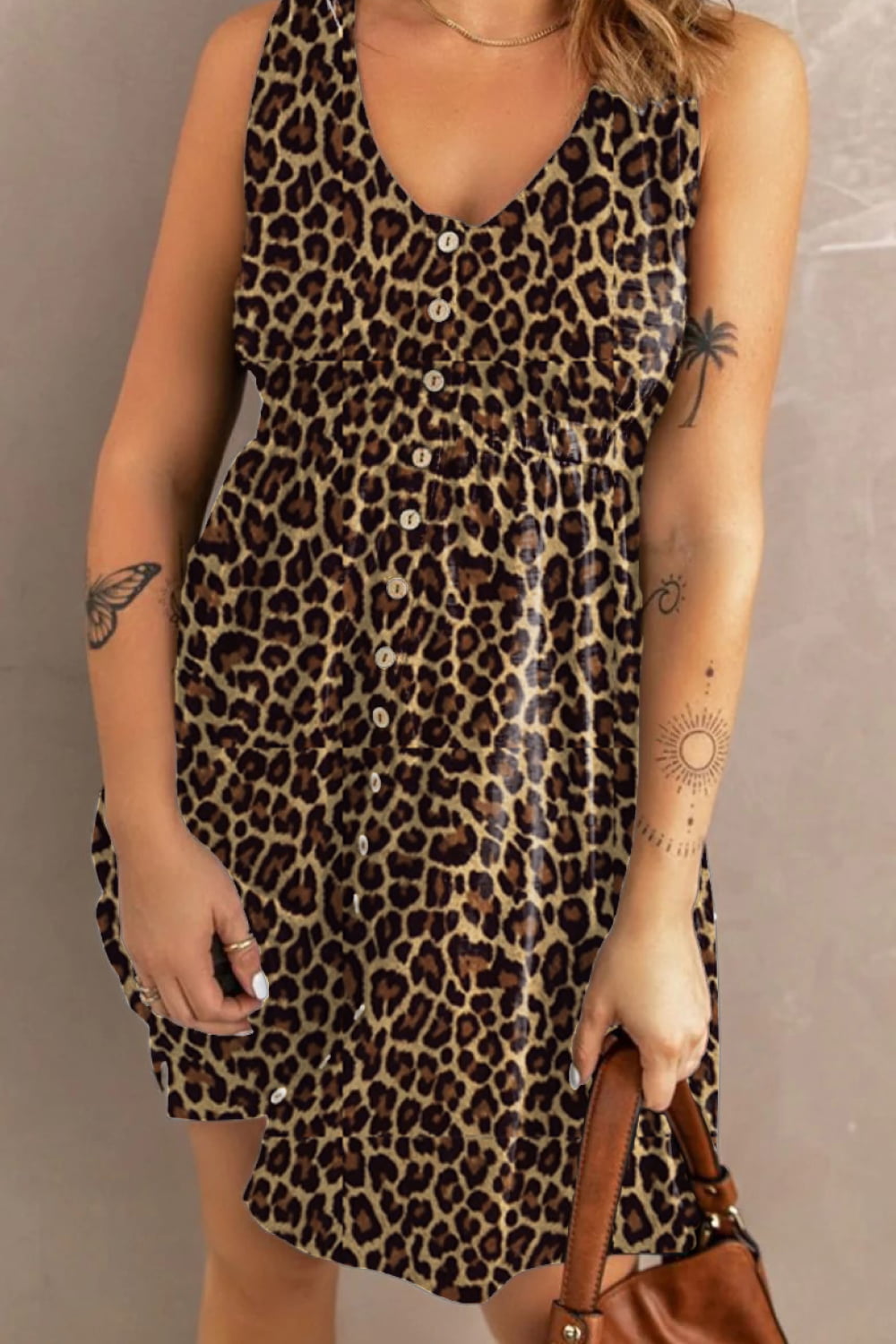 Chic Printed Scoop Neck Sleeveless Buttoned Dress with Pockets