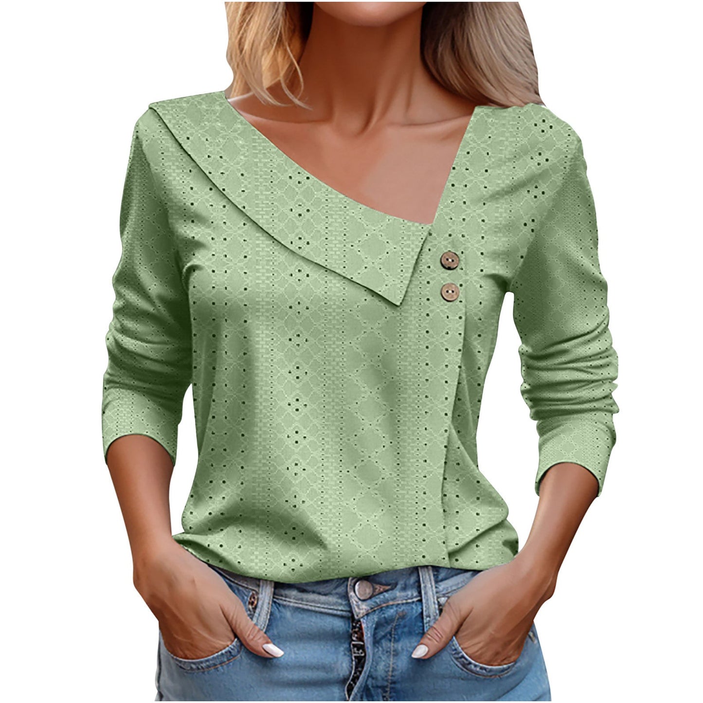 Summer New V-neck Button Long-Sleeved  Top
