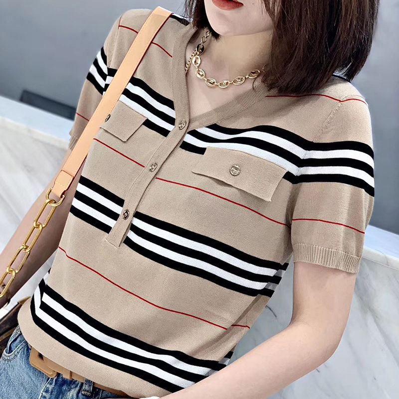 Khaki Striped Hemp  Blouse with Short Sleeves