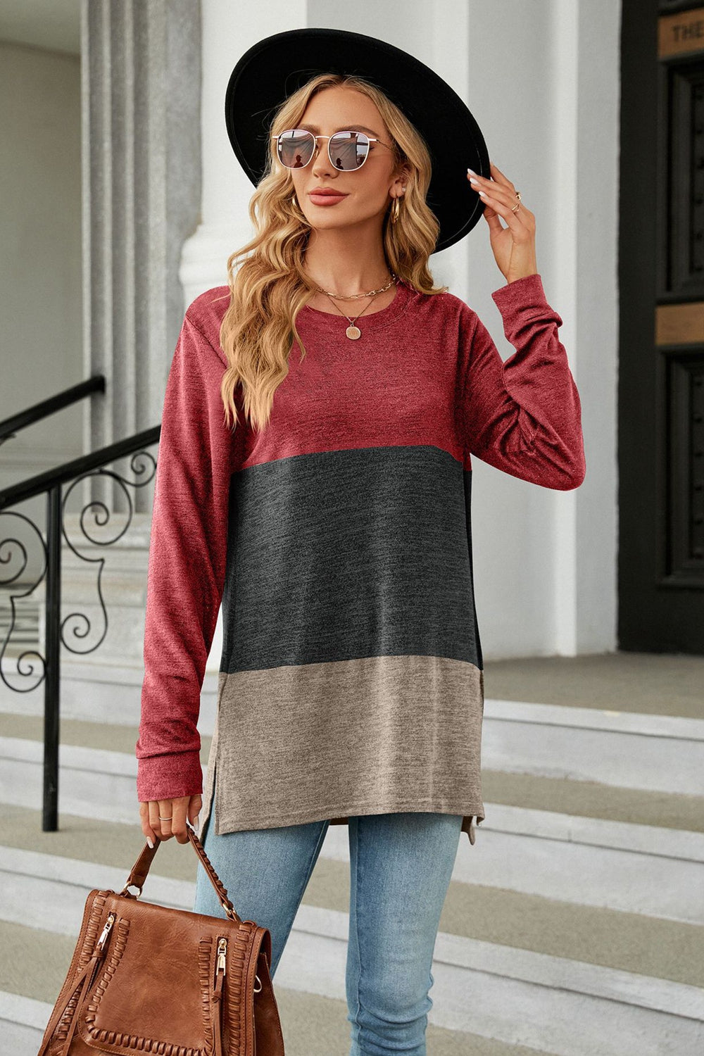 Vibrant Urban  Color Block Round Neck Long Sleeve Top