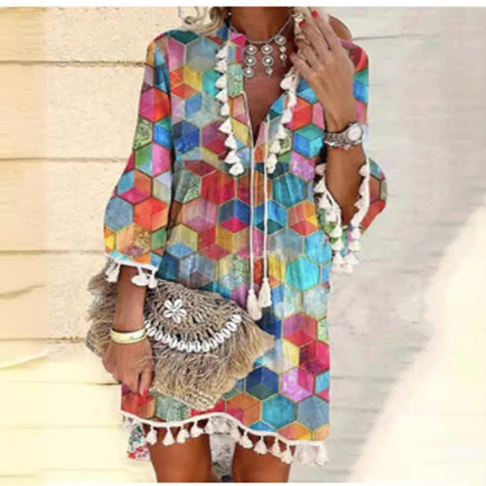 Sweet Hippie Style Tassel Ruffled V-Neck Dress