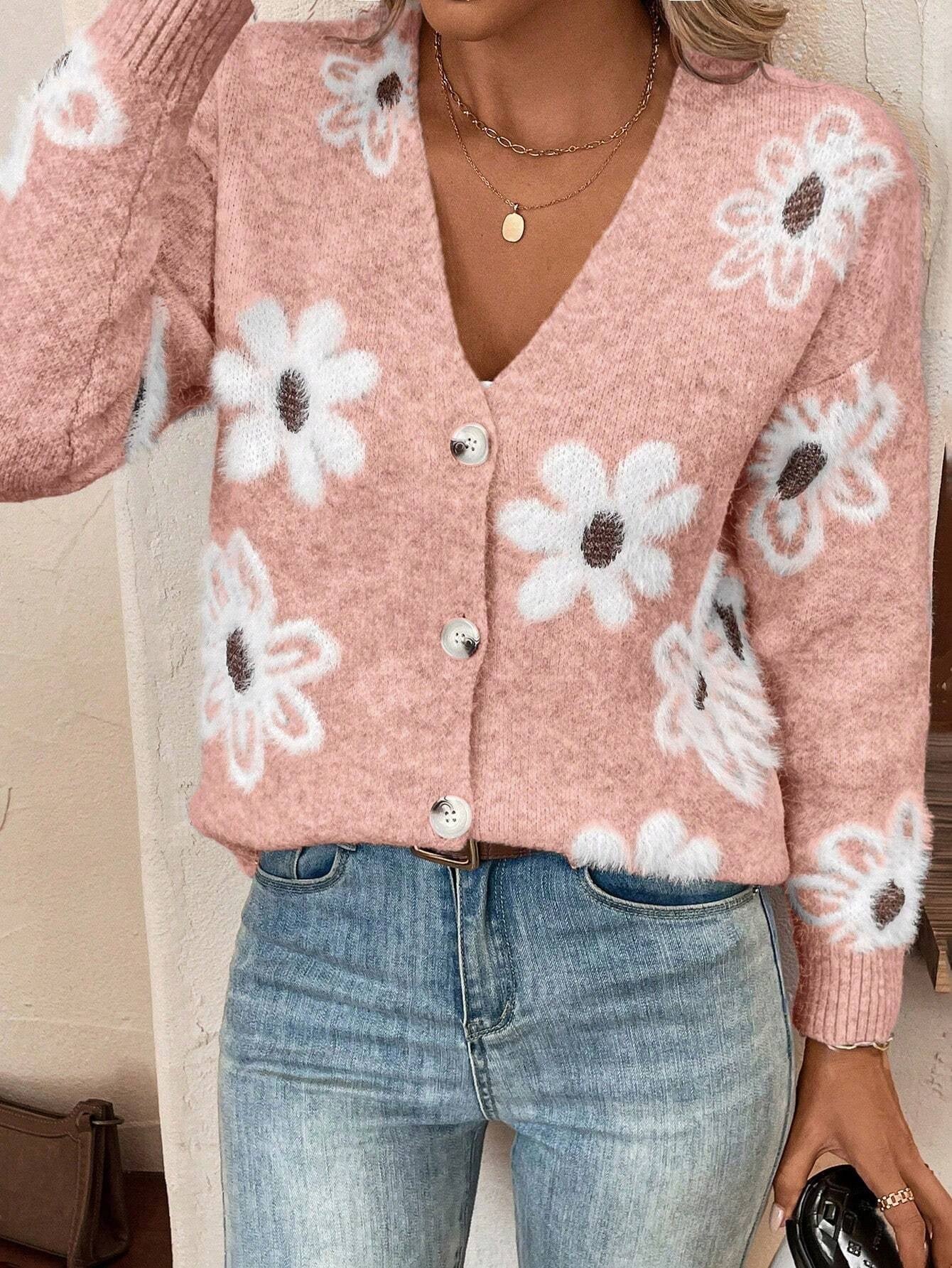 Floral Knit V neck Cardigan with Long Sleeve