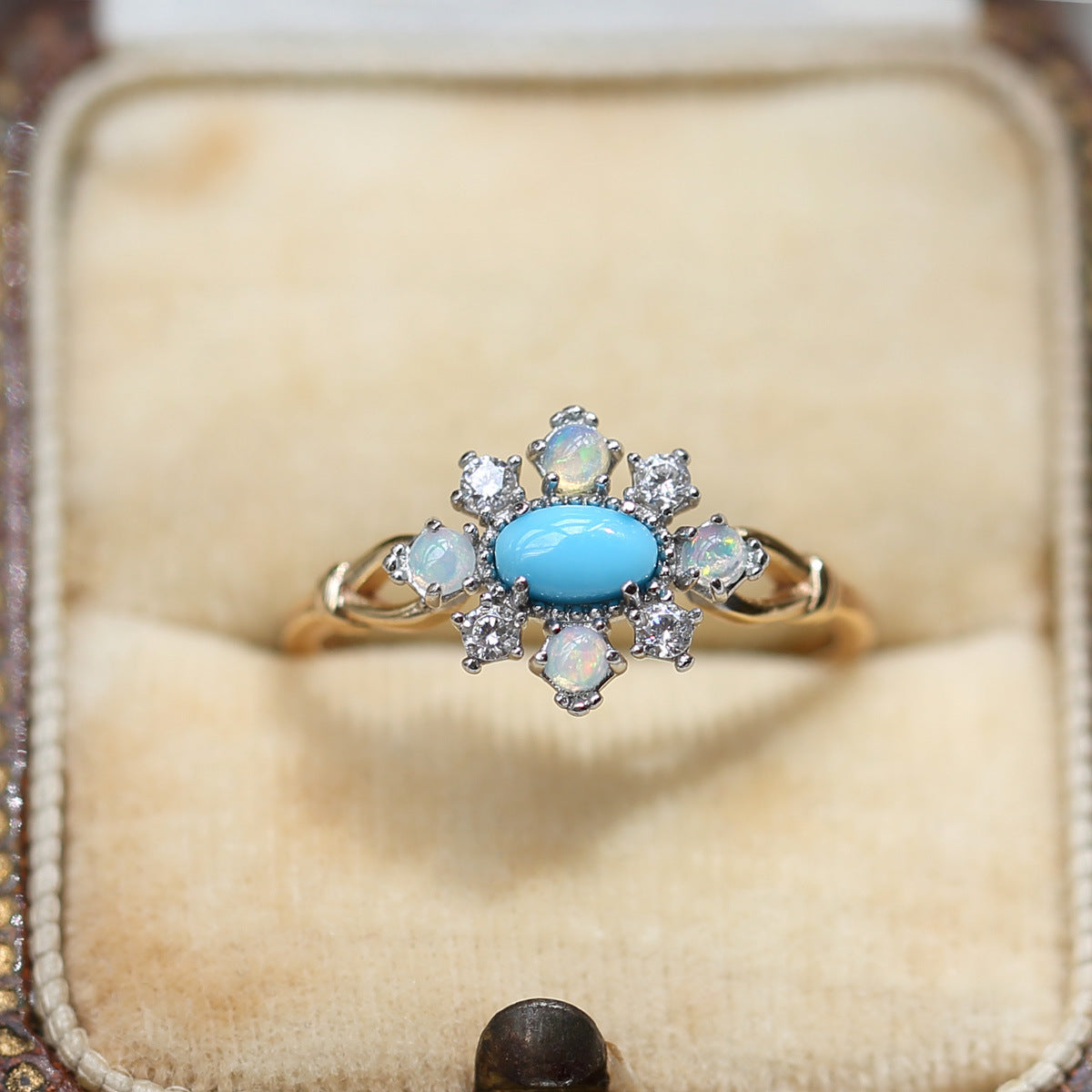 Flower Dome Turquoise Stone Surrounded By Opals Sterling Silver Ring.