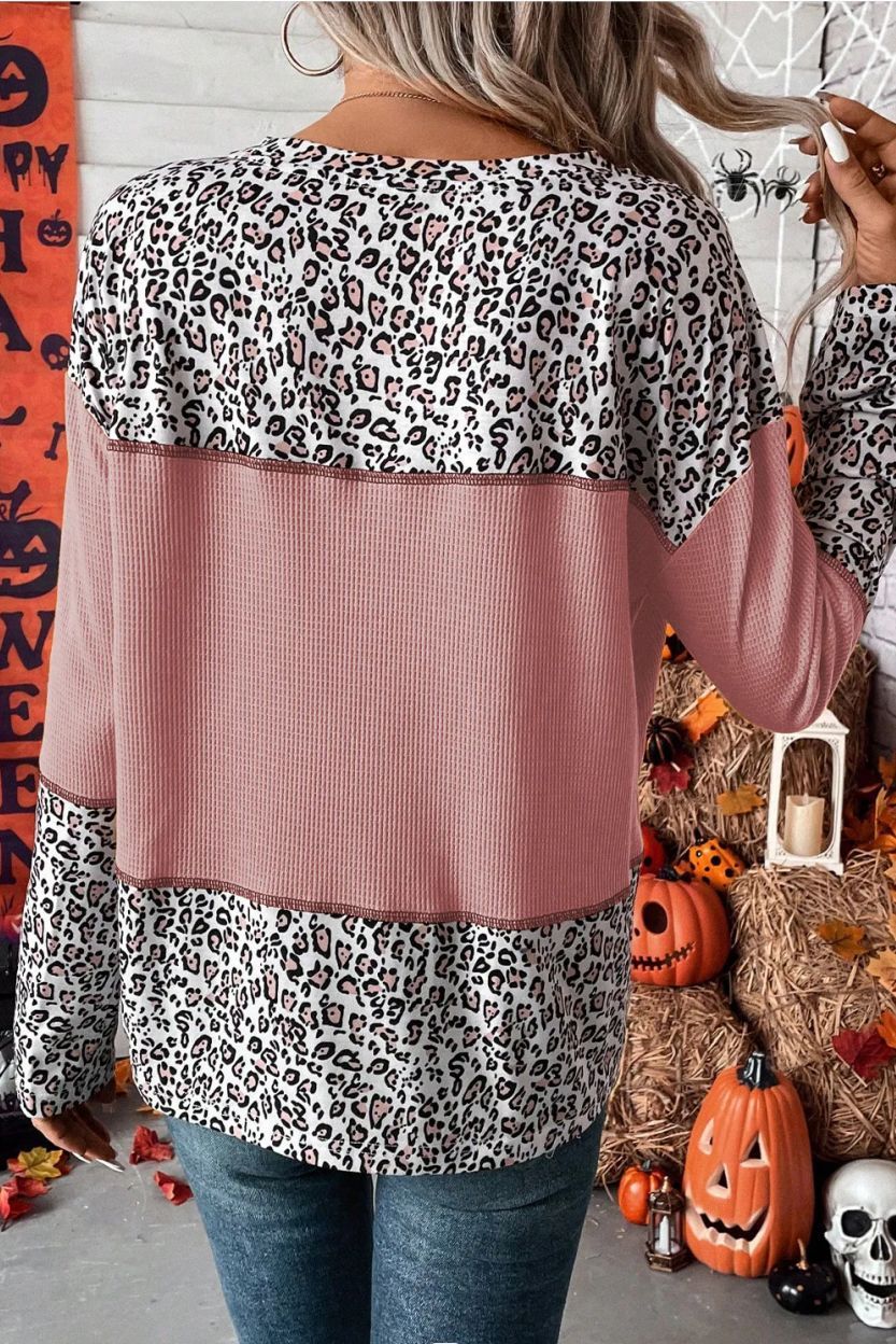 Leopard Print Round Neck Waffle Top Sweater with Long Sleeves