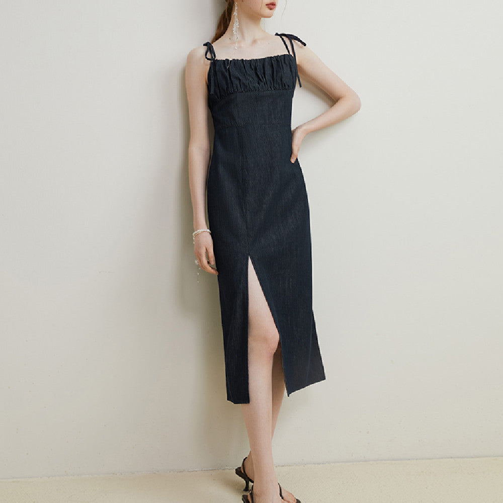 Simply Elegant  Style Denim Strap Dress With Slit Hem