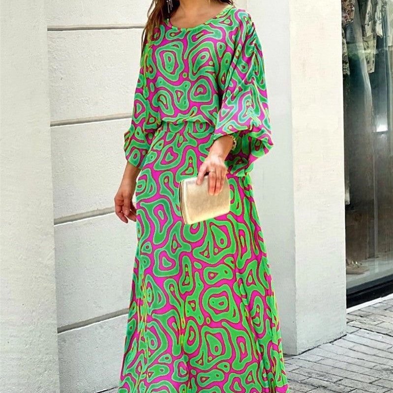 Fashion Loose Printed 2-Pcs  Set with Long Sleeve Top & High Waist Long Skirt