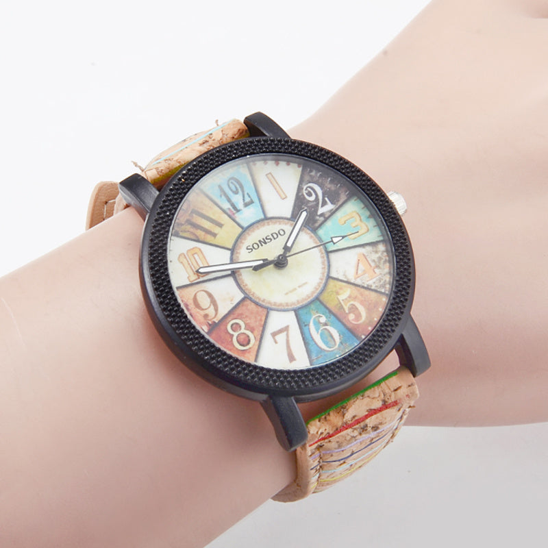 Colorful Vintage Quartz Wrist Watch with Leather Band