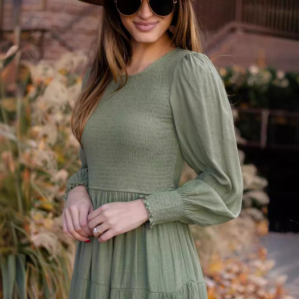 Elegant Retro French Round-neck High Waist Smocking Dress