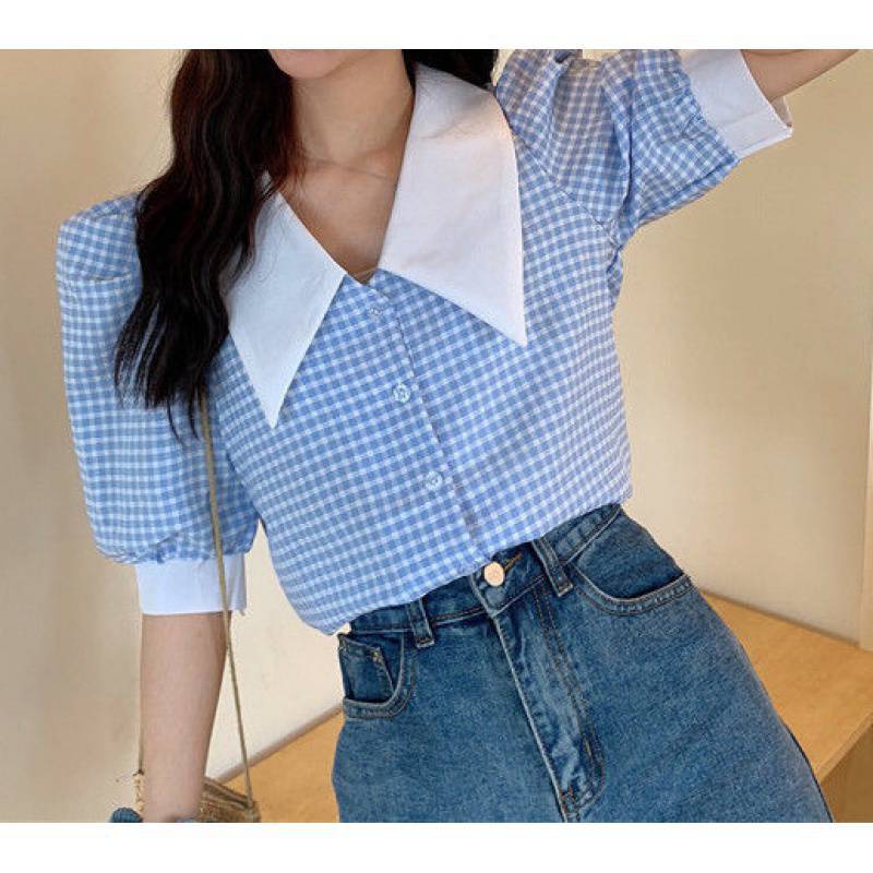 French Flair Puff Sleeve Plaid Shirt