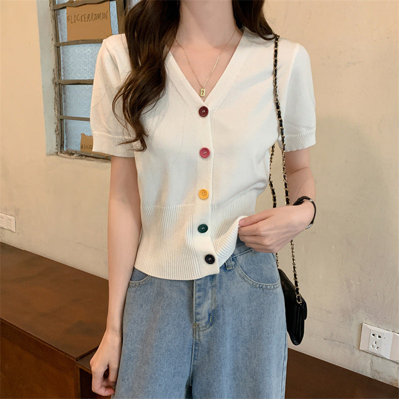Ice Silk Knitted Short Sleeve Blouse