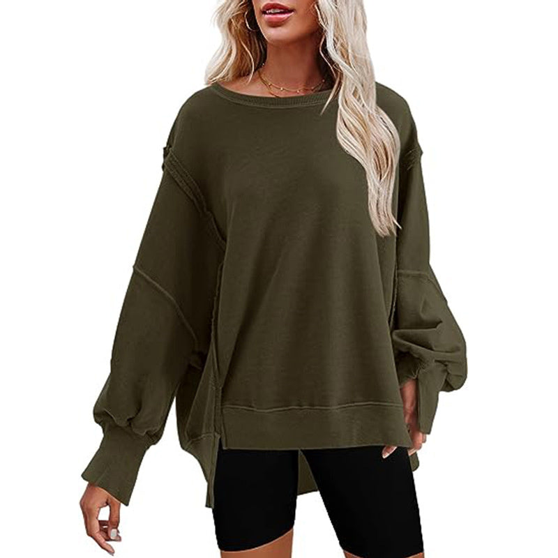 Sweatshirt Loose Round Neck Side Slit Long Sleeves Pullover Top