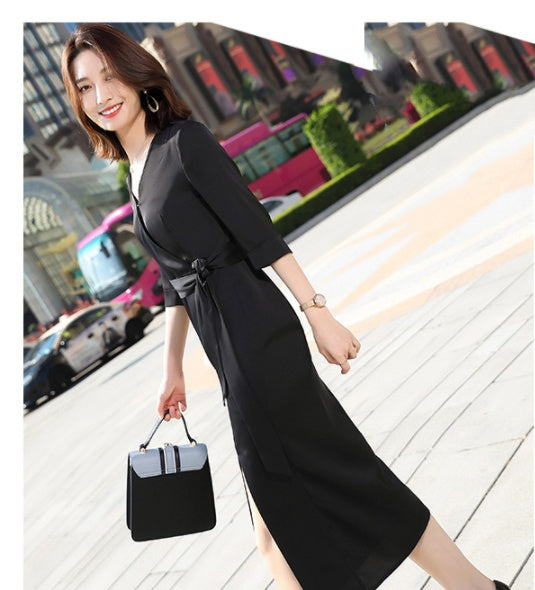 Elegant Black Bow Slim Fit Dresses with 3/4 Sleeves