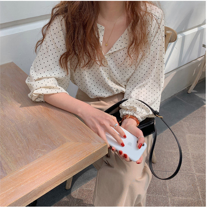 Retro Glamour Dot Pattern Puff Sleeves Shirt