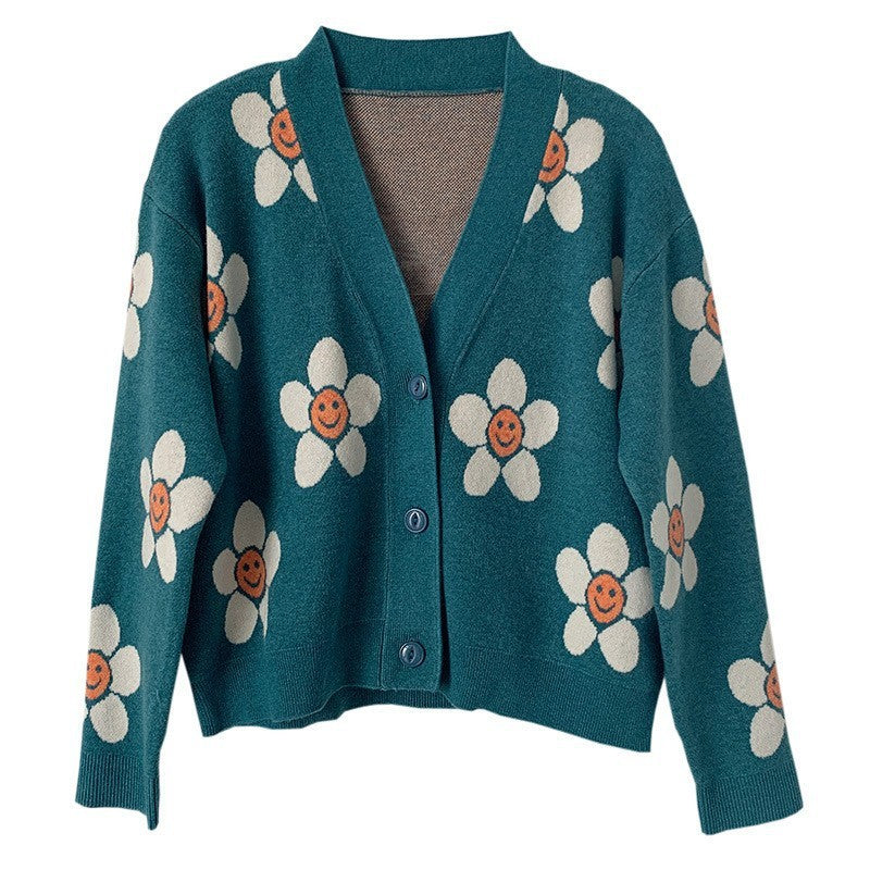 Sweeten Your Day Smiley Face Flower Knit Cardigan