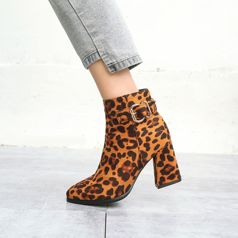 Leopard Print Chunky Heel Belt Buckle Boots with Side Zipper