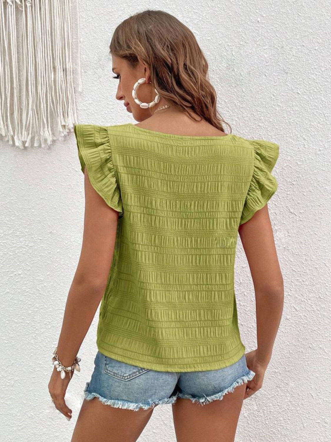 Ruffled Blouse with Square Neck & Cap Sleeve