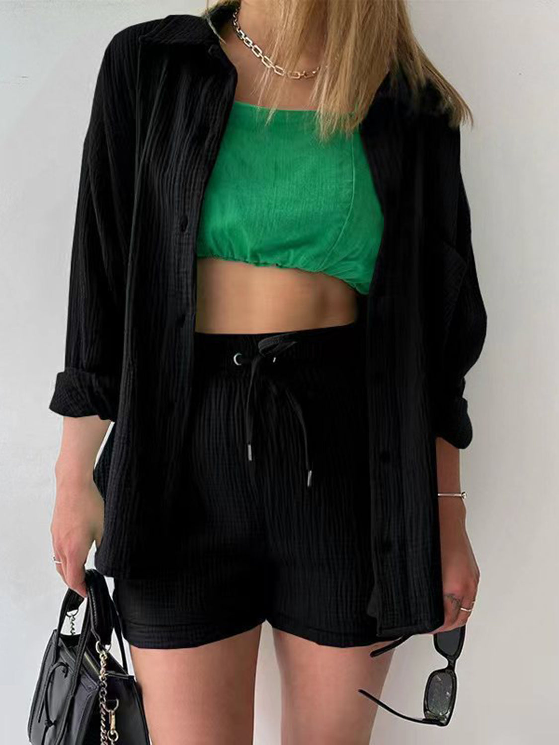 Casual Texture Button-Up Shirt and Drawstring Shorts Set