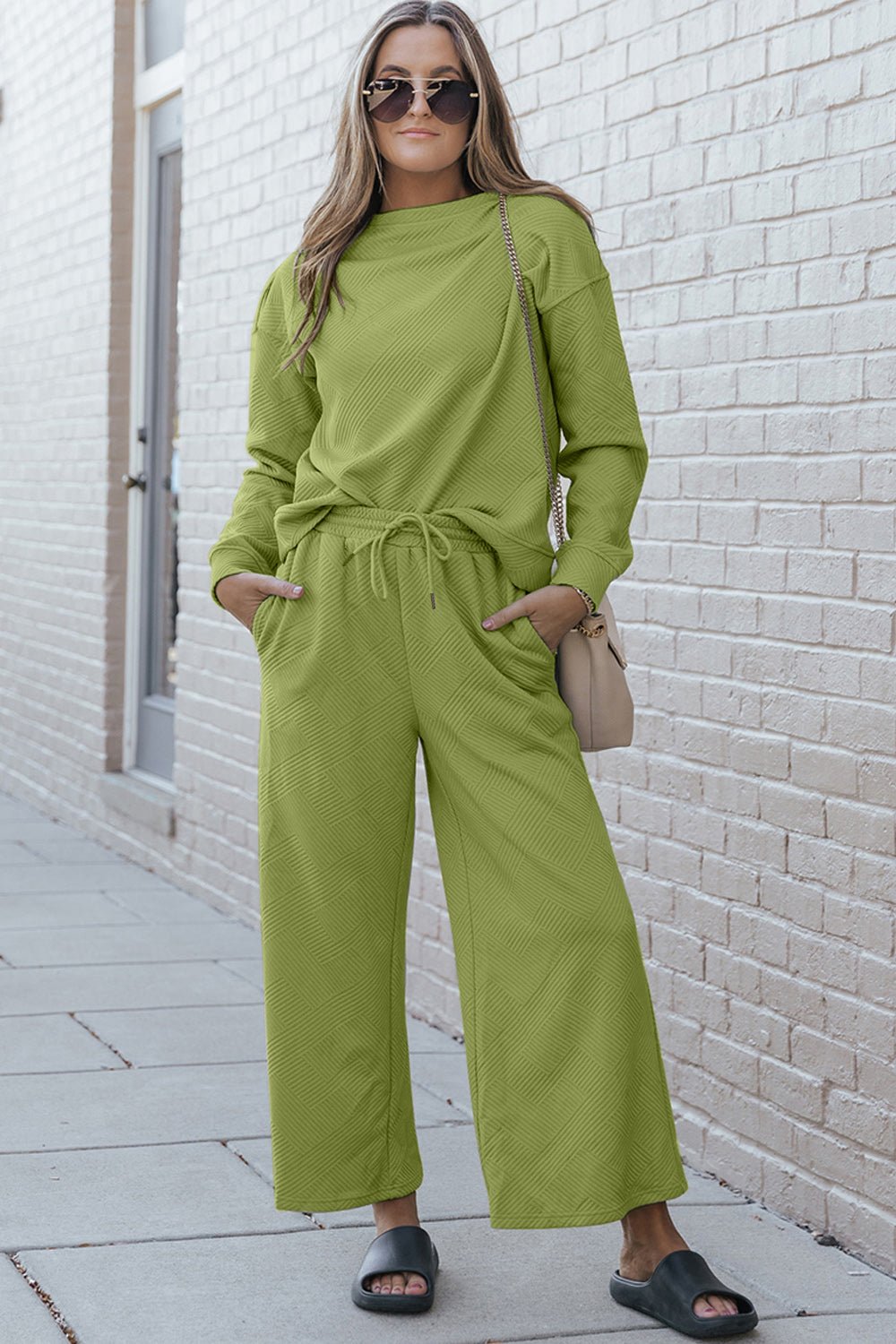 Luxe Loungewear Textured Long Sleeve Top and Drawstring Pants Set