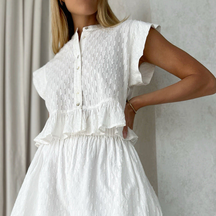 Jacquard Short Sleeve Shirt Simple Shorts 2-Piece Set