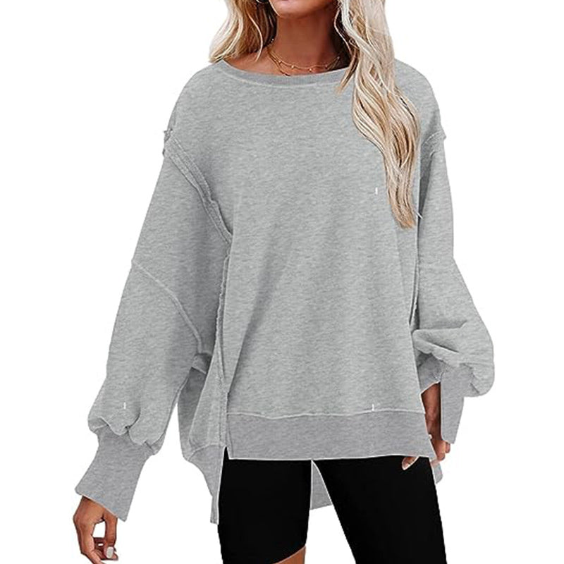 Sweatshirt Loose Round Neck Side Slit Long Sleeves Pullover Top
